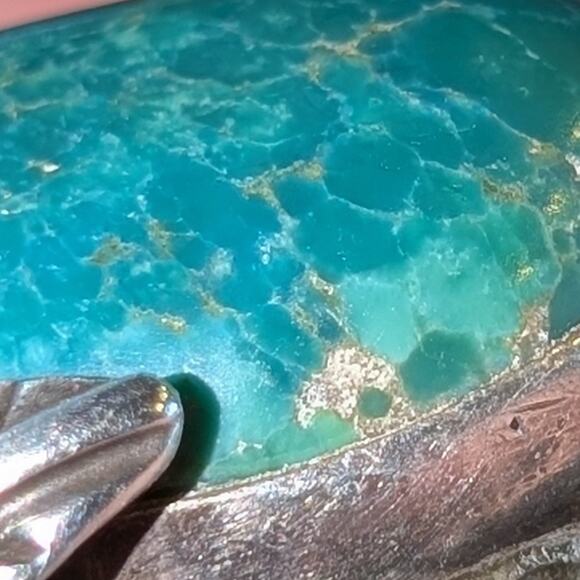 Vintage Turquoise Unmarked Sterling Silver Curved Leaf Chunky Ring Size 9.5 - Picture 8 of 13